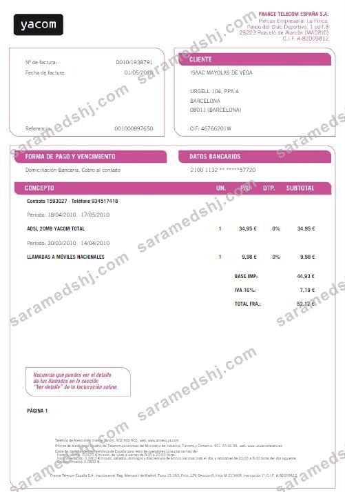 SPAIN YACOM utility bill Word and PDF template